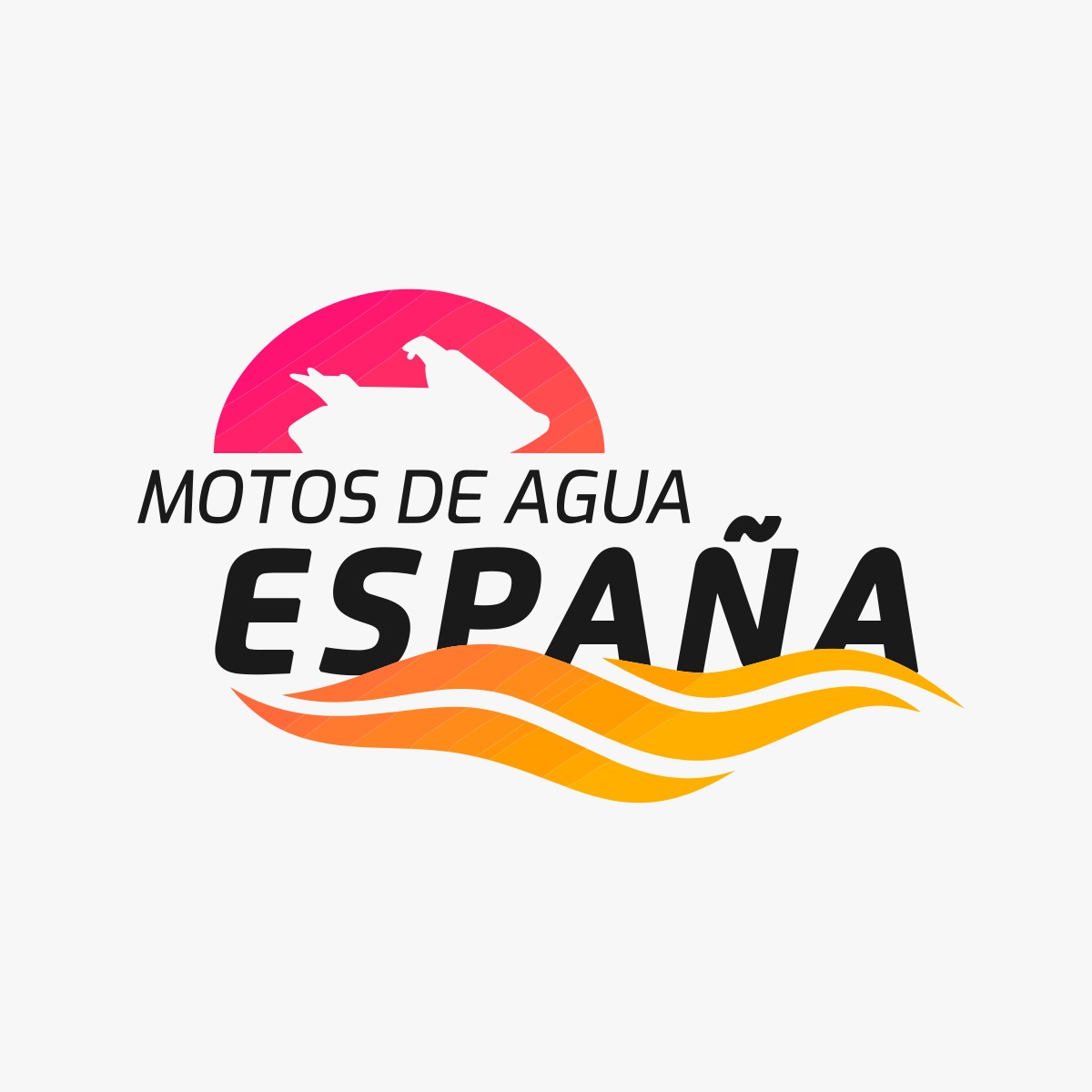 Logotipo de la organización Motos de Agua España con barco y oleaje en colores rosa y naranja